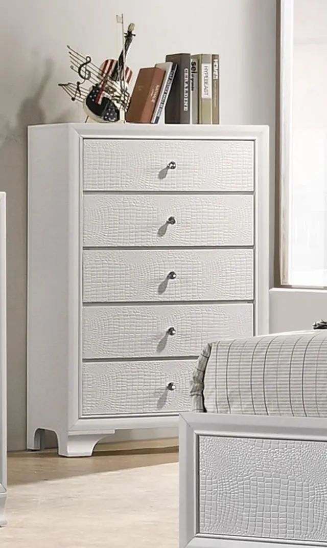 Alt view image 2 of 5 - 1pc Modern Glam Style White Frost Finish Glam Five Drawer Chest Embossed Crocodile Pattern Wooden Bedroom Furniture