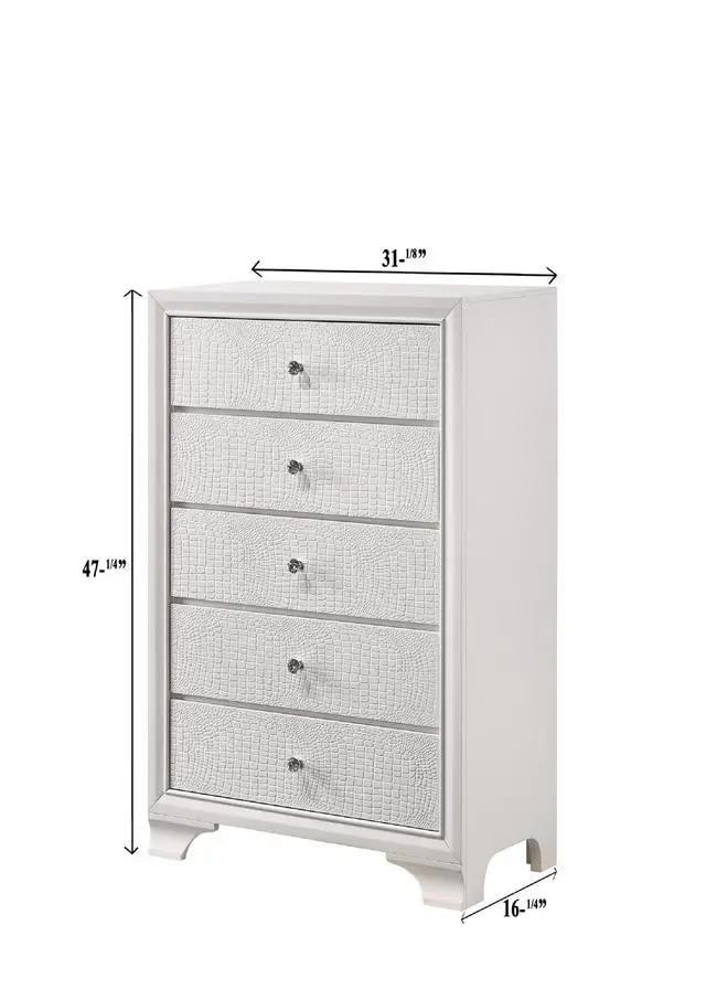Alt view image 4 of 5 - 1pc Modern Glam Style White Frost Finish Glam Five Drawer Chest Embossed Crocodile Pattern Wooden Bedroom Furniture