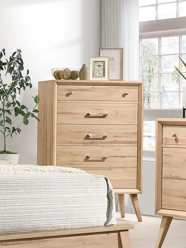 Alt view image 4 of 6 - Mid-Century Modern Design Natural Oak Finish Chest Of 5 Drawers Nickel Tone Classic Style Bedroom Furniture 1Pc