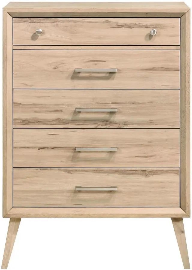Main image of Mid-Century Modern Design Natural Oak Finish Chest Of 5 Drawers Nickel Tone Classic Style Bedroom Furniture 1Pc