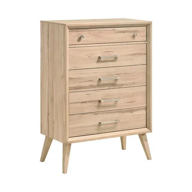 Alt view image 2 of 6 - Mid-Century Modern Design Natural Oak Finish Chest Of 5 Drawers Nickel Tone Classic Style Bedroom Furniture 1Pc