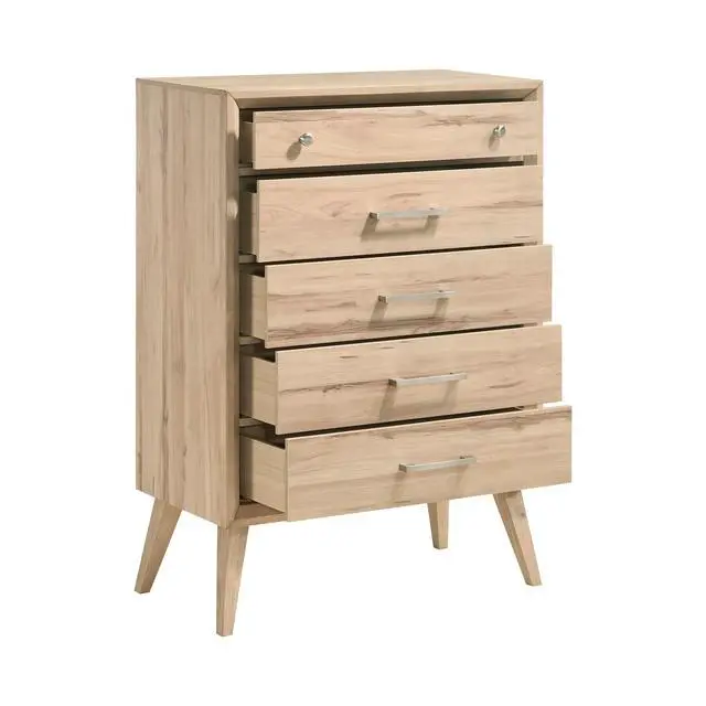 Alt view image 3 of 6 - Mid-Century Modern Design Natural Oak Finish Chest Of 5 Drawers Nickel Tone Classic Style Bedroom Furniture 1Pc