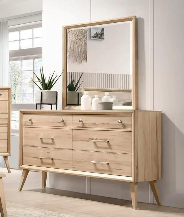 Alt view image 4 of 6 - Classic Style Dresser Of 6X Drawers Natural Oak Finish Wooden Bedroom Furniture 1Pc, Mid-Century Modern Design