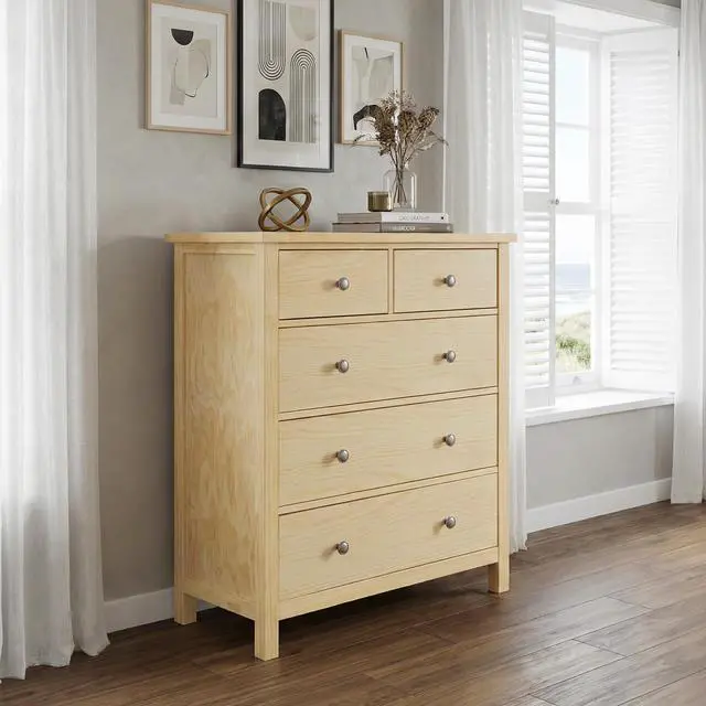 Alt view image 6 of 7 - 5-Drawers Chest Bedroom Furniture Natural Pine Finish Wooden 1Pc Vertical Storage Unit