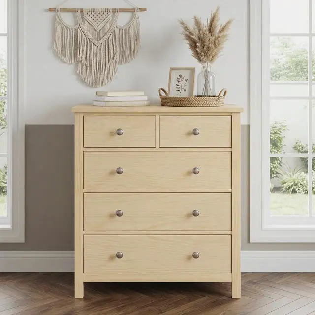 Alt view image 7 of 7 - 5-Drawers Chest Bedroom Furniture Natural Pine Finish Wooden 1Pc Vertical Storage Unit