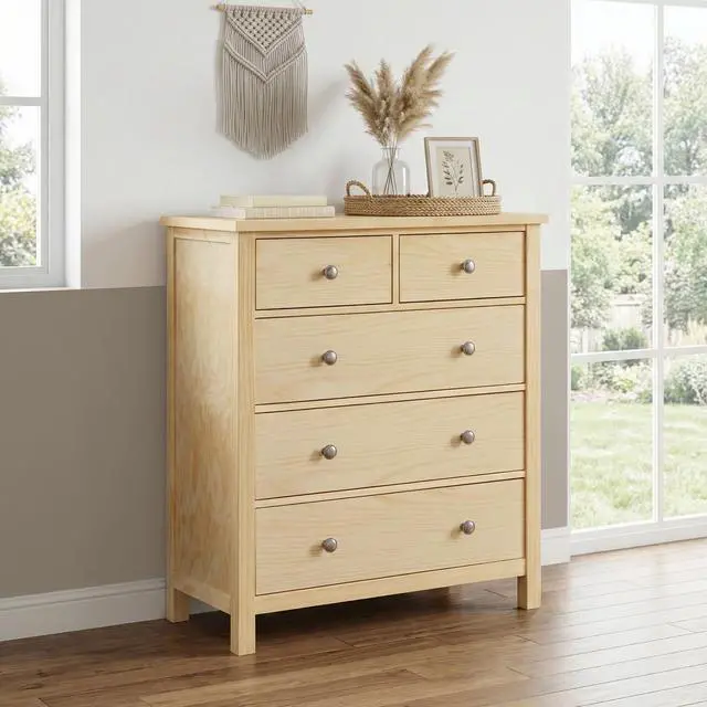 Main image of 5-Drawers Chest Bedroom Furniture Natural Pine Finish Wooden 1Pc Vertical Storage Unit