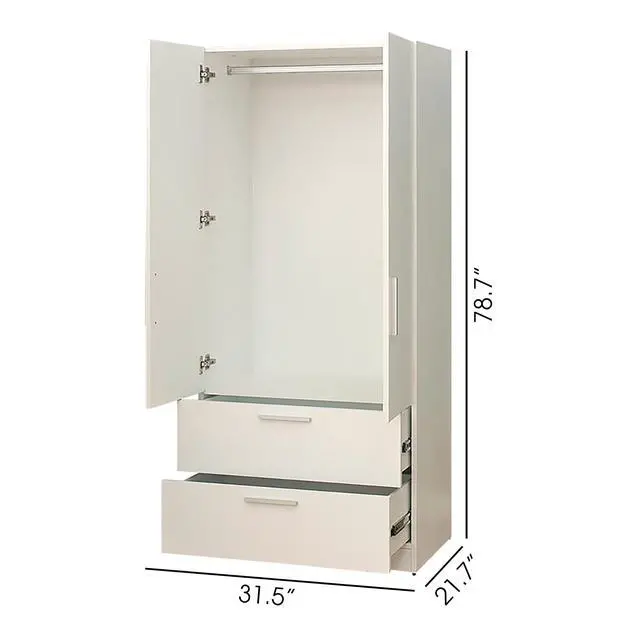 Alt view image 3 of 5 - Emma Two-Door Wood Closet with Two Drawers and Hanging Bars in White