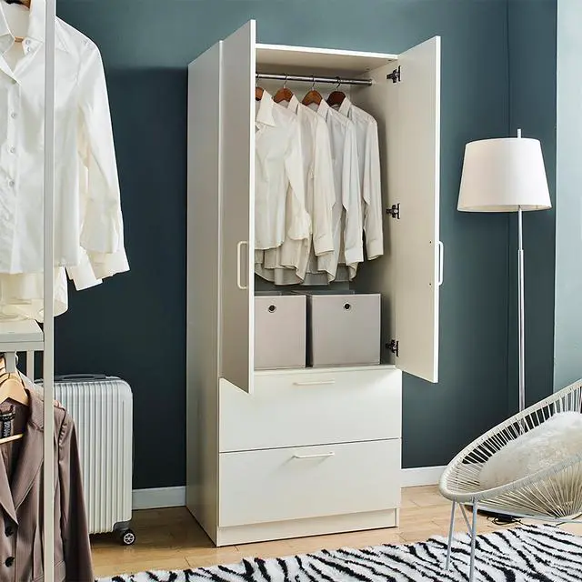 Alt view image 2 of 5 - Emma Two-Door Wood Closet with Two Drawers and Hanging Bars in White