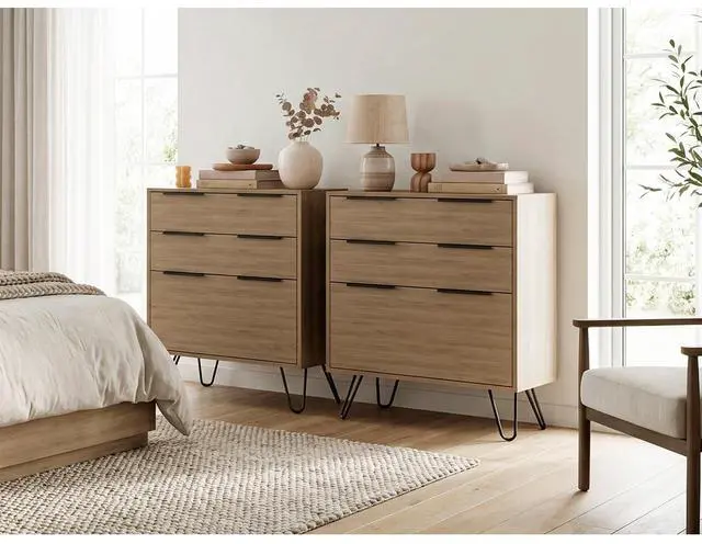 Main image of Light Oak 3-Drawer Dressers with Metal Legs, Set of 2