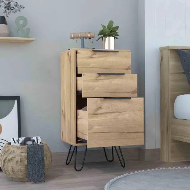 Alt view image 4 of 7 - Augusta Light Dresser, Hairpin Legs, Superior Top,Three Drawers -Light Oak