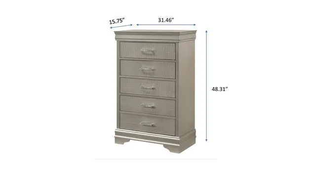 Alt view image 4 of 5 - 5-Drawer Tall Chest Modern 1Pc Beige Champagne Texture Finish Solid Wood Wooden Crystal Tufted Handle Bedroom Home Furniture