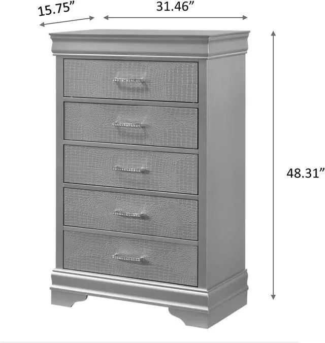 Alt view image 4 of 5 - 5-Drawer Tall Chest Modern 1pc Black Finish Solid Wood Wooden Crocodile Texture Crystal Tufted Handle Bedroom Home Furniture