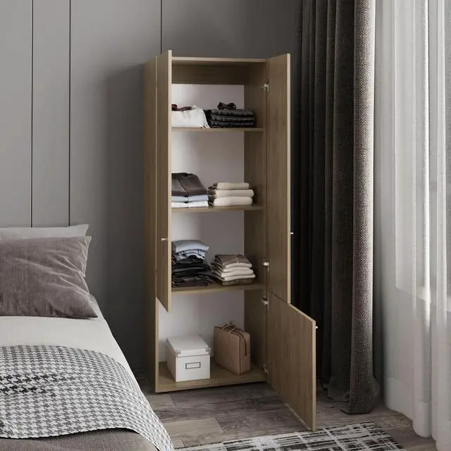Alt view image 2 of 7 - Home 3 Door Closet System with Hanging Rod for clothes and interior Shelves, Manufactured Wood Freestanding Bedroom Storage, Utility Room or Laundry Room Furniture, Natural Oak