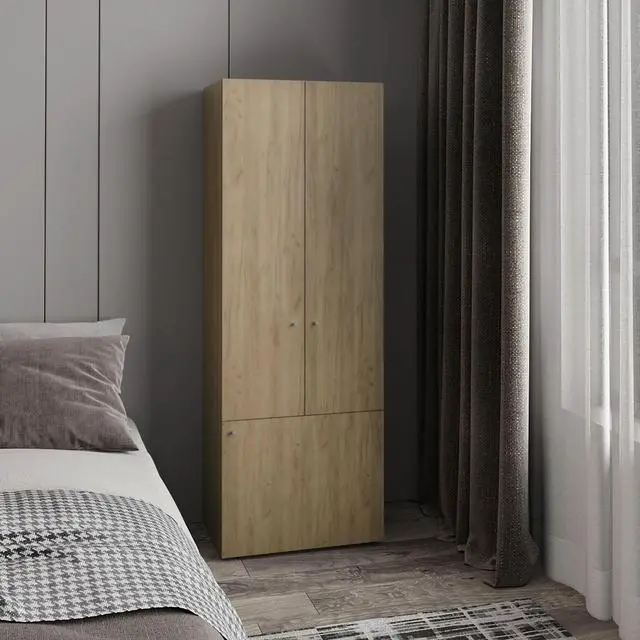 Main image of Home 3 Door Closet System with Hanging Rod for clothes and interior Shelves, Manufactured Wood Freestanding Bedroom Storage, Utility Room or Laundry Room Furniture, Natural Oak