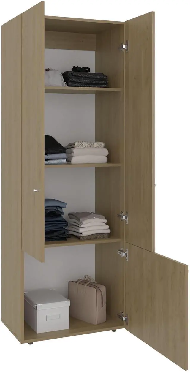 Alt view image 7 of 7 - Home 3 Door Closet System with Hanging Rod for clothes and interior Shelves, Manufactured Wood Freestanding Bedroom Storage, Utility Room or Laundry Room Furniture, Natural Oak