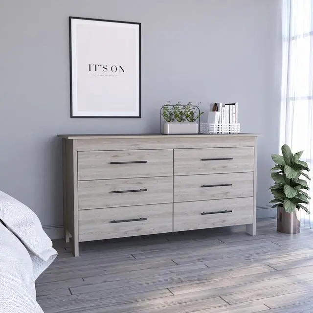 Main image of Hms 6 Drawer Double Dresser, Four Legs, Superior Top, Six Drawers -Light Gray