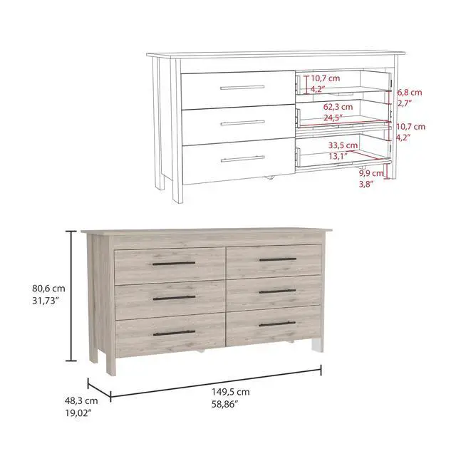 Alt view image 3 of 7 - Hms 6 Drawer Double Dresser, Four Legs, Superior Top, Six Drawers -Light Gray