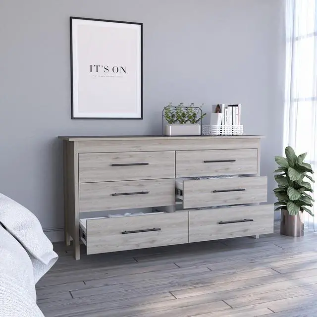 Alt view image 4 of 7 - Hms 6 Drawer Double Dresser, Four Legs, Superior Top, Six Drawers -Light Gray