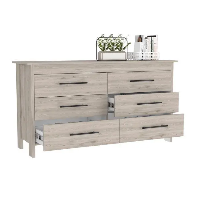 Alt view image 7 of 7 - Hms 6 Drawer Double Dresser, Four Legs, Superior Top, Six Drawers -Light Gray