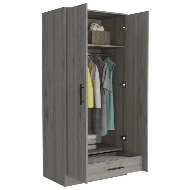 Alt view image 6 of 7 - Ambery 180 Armoire, Two Shelves, Double Door, Metal Rod, One Drawer -Light Gray