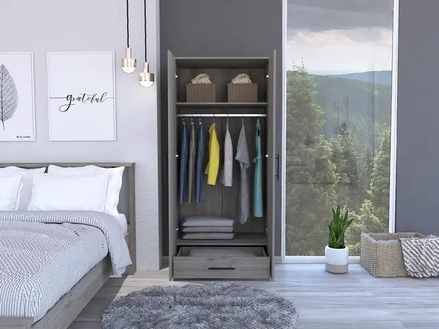 Alt view image 5 of 7 - Ambery 180 Armoire, Two Shelves, Double Door, Metal Rod, One Drawer -Light Gray