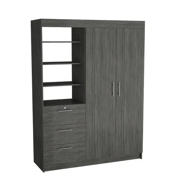 Alt view image 2 of 7 - Kenya Armoire with Double Door, Three Drawers, 3-Tier Shelf and double hanging Rod Smokey Oak