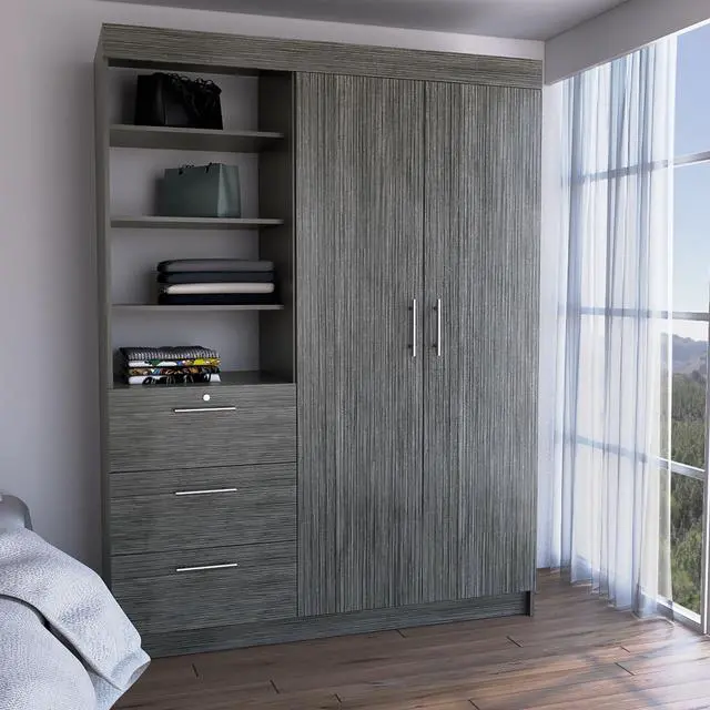 Main image of Kenya Armoire with Double Door, Three Drawers, 3-Tier Shelf and double hanging Rod Smokey Oak