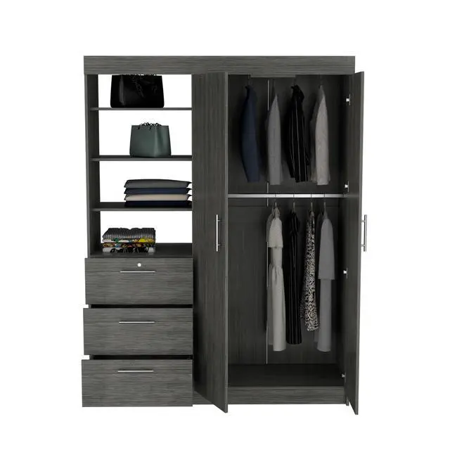 Alt view image 5 of 7 - Kenya Armoire with Double Door, Three Drawers, 3-Tier Shelf and double hanging Rod Smokey Oak