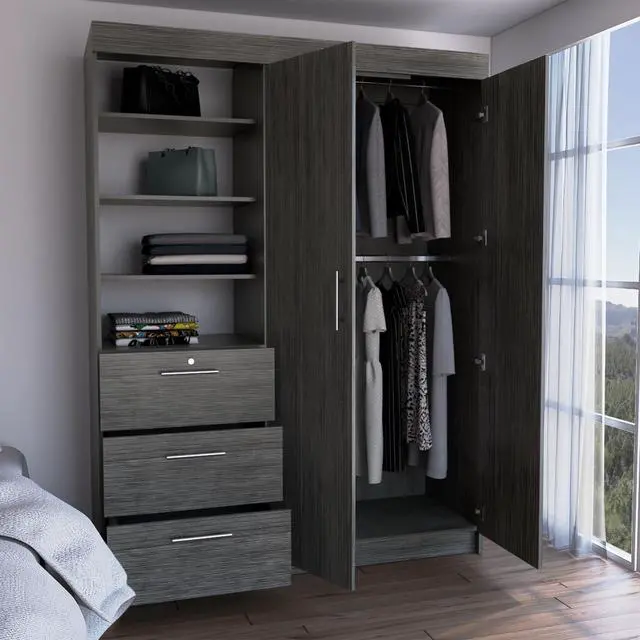 Alt view image 4 of 7 - Kenya Armoire with Double Door, Three Drawers, 3-Tier Shelf and double hanging Rod Smokey Oak