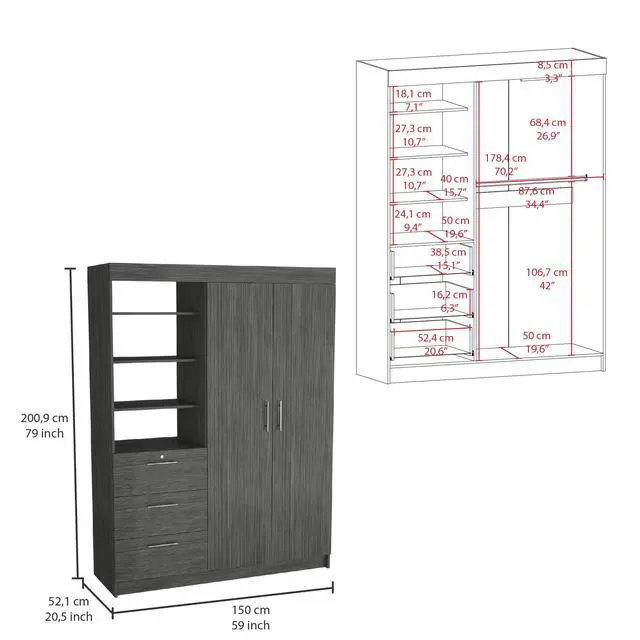 Alt view image 3 of 7 - Kenya Armoire with Double Door, Three Drawers, 3-Tier Shelf and double hanging Rod Smokey Oak