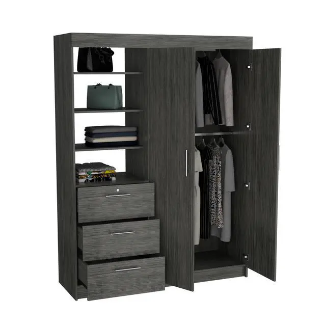 Alt view image 7 of 7 - Kenya Armoire with Double Door, Three Drawers, 3-Tier Shelf and double hanging Rod Smokey Oak