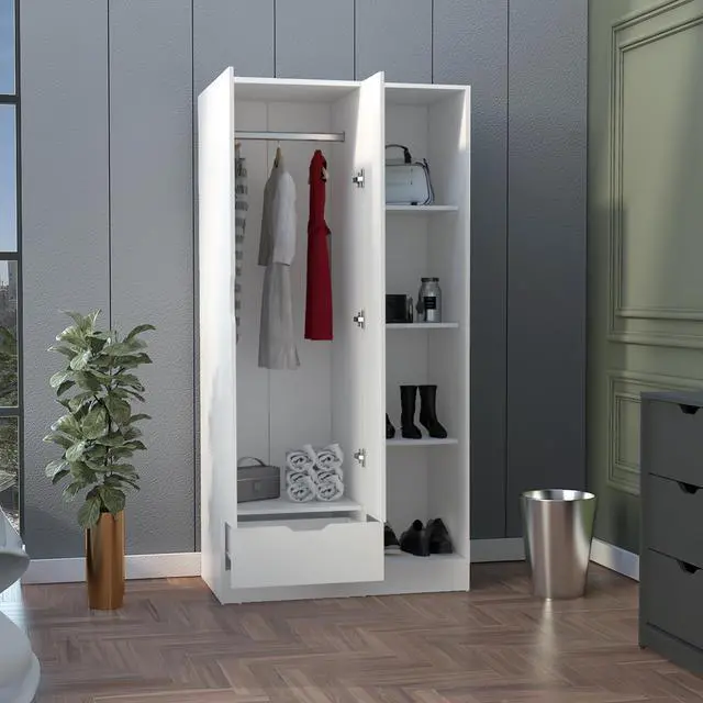 Alt view image 2 of 7 - Memphis Wardrobe Armoire with 4-Tier Storage Shelves and 1 Drawer White