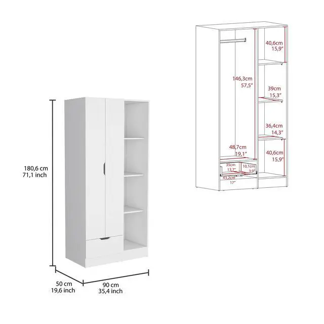 Alt view image 3 of 7 - Memphis Wardrobe Armoire with 4-Tier Storage Shelves and 1 Drawer White