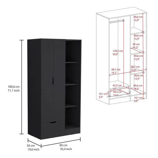 Alt view image 4 of 7 - Memphis Wardrobe Armoire with 4-Tier Storage Shelves and 1 Drawer Black