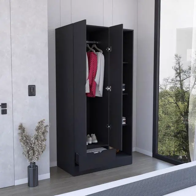 Alt view image 2 of 7 - Memphis Wardrobe Armoire with 4-Tier Storage Shelves and 1 Drawer Black