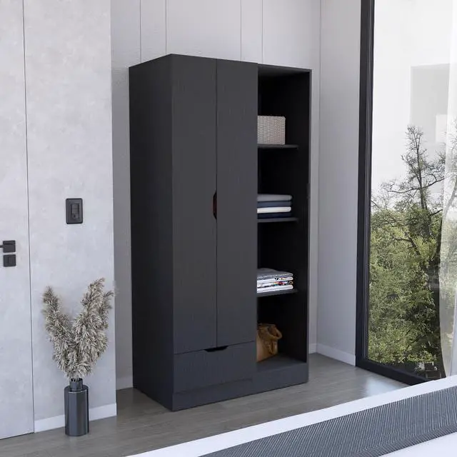Main image of Memphis Wardrobe Armoire with 4-Tier Storage Shelves and 1 Drawer Black