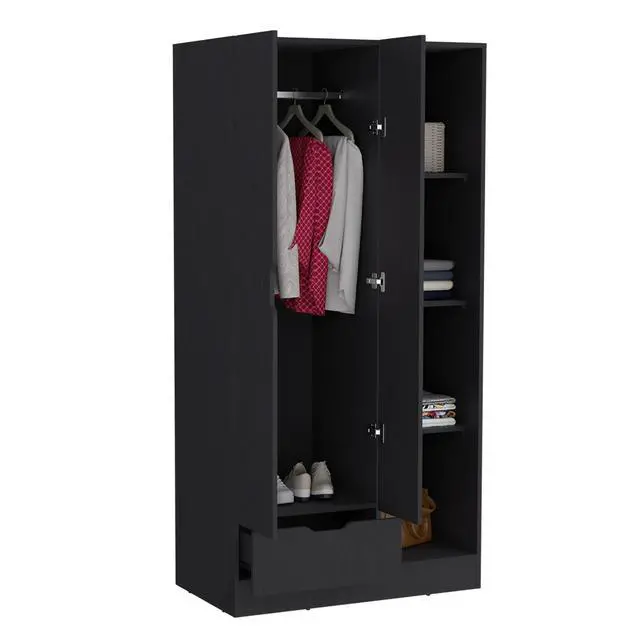 Alt view image 3 of 7 - Memphis Wardrobe Armoire with 4-Tier Storage Shelves and 1 Drawer Black