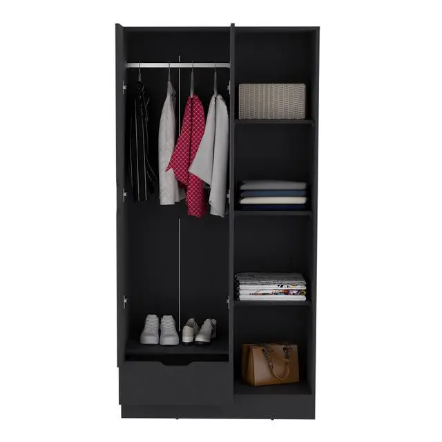 Alt view image 5 of 7 - Memphis Wardrobe Armoire with 4-Tier Storage Shelves and 1 Drawer Black