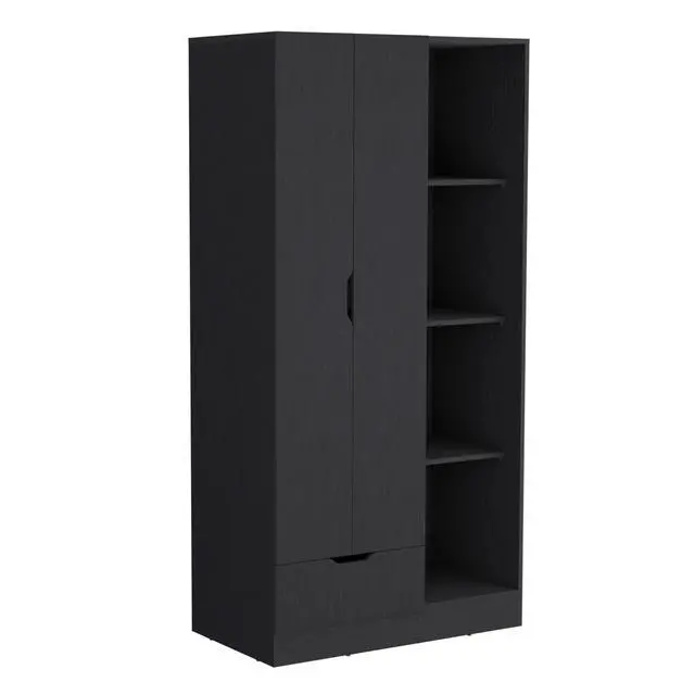 Alt view image 6 of 7 - Memphis Wardrobe Armoire with 4-Tier Storage Shelves and 1 Drawer Black