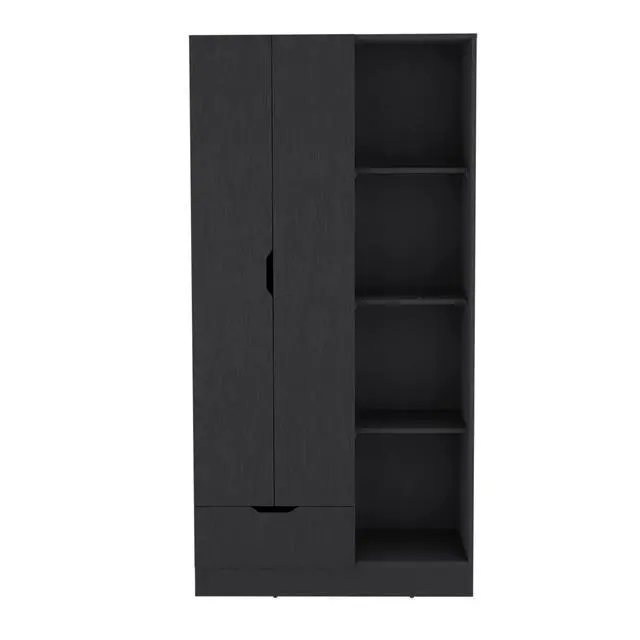 Alt view image 7 of 7 - Memphis Wardrobe Armoire with 4-Tier Storage Shelves and 1 Drawer Black