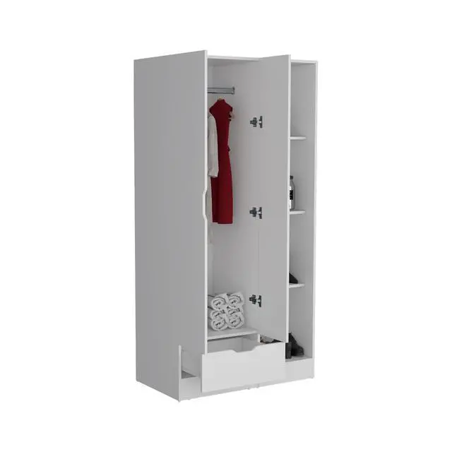 Alt view image 7 of 7 - Memphis Wardrobe Armoire with 4-Tier Storage Shelves and 1 Drawer White