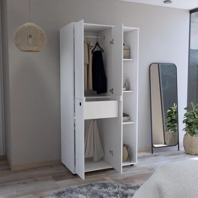 Alt view image 2 of 7 - Misuri Wardrobe Armoire with Double Door, Drawer, Hanging Rod, and Open Shelves White