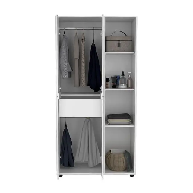 Alt view image 5 of 7 - Misuri Wardrobe Armoire with Double Door, Drawer, Hanging Rod, and Open Shelves White