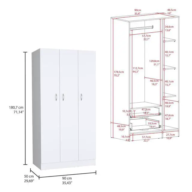 Alt view image 3 of 7 - Ohio Armoire Wardrobe with 3-Doors, 2-Drawers, and 4-Tier Shelves White