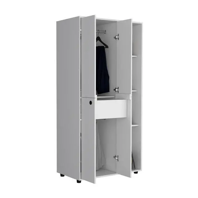 Alt view image 7 of 7 - Misuri Wardrobe Armoire with Double Door, Drawer, Hanging Rod, and Open Shelves White