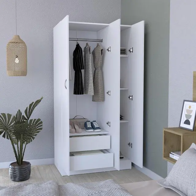 Alt view image 5 of 7 - Ohio Armoire Wardrobe with 3-Doors, 2-Drawers, and 4-Tier Shelves White