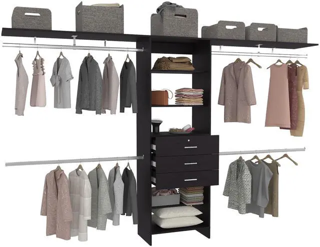 Alt view image 7 of 7 - Plego 69"W - 118"W Drawers Closet System, Five Shelves, Four Hanging Rods, Three Drawers Black Wengue