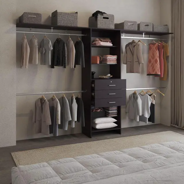 Alt view image 5 of 7 - Plego 69"W - 118"W Drawers Closet System, Five Shelves, Four Hanging Rods, Three Drawers Black Wengue
