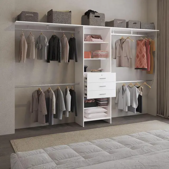 Alt view image 3 of 5 - Plego 69"W - 118"W Drawers Closet System, Five Shelves, Four Hanging Rods, Three Drawers White