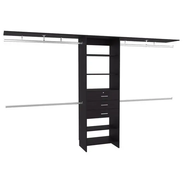 Alt view image 2 of 7 - Plego 69"W - 118"W Drawers Closet System, Five Shelves, Four Hanging Rods, Three Drawers Black Wengue